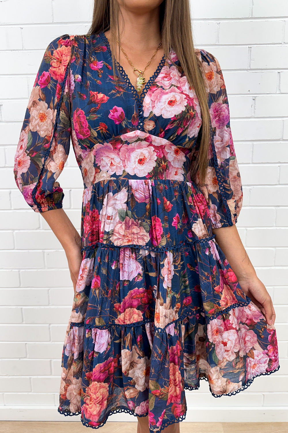 Navy Floral Short Dress Incredible Shape Divine Sleeves