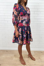 Navy Floral Short Dress Incredible Shape Divine Sleeves