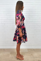 Navy Floral Short Dress Incredible Shape Divine Sleeves