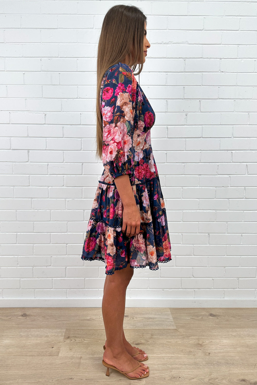 Navy Floral Short Dress Incredible Shape Divine Sleeves