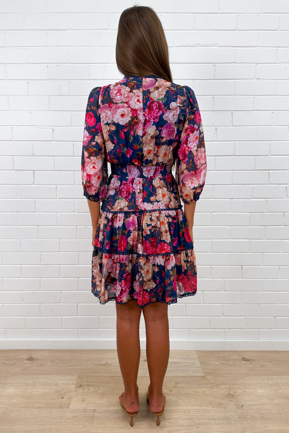 Navy Floral Short Dress Incredible Shape Divine Sleeves