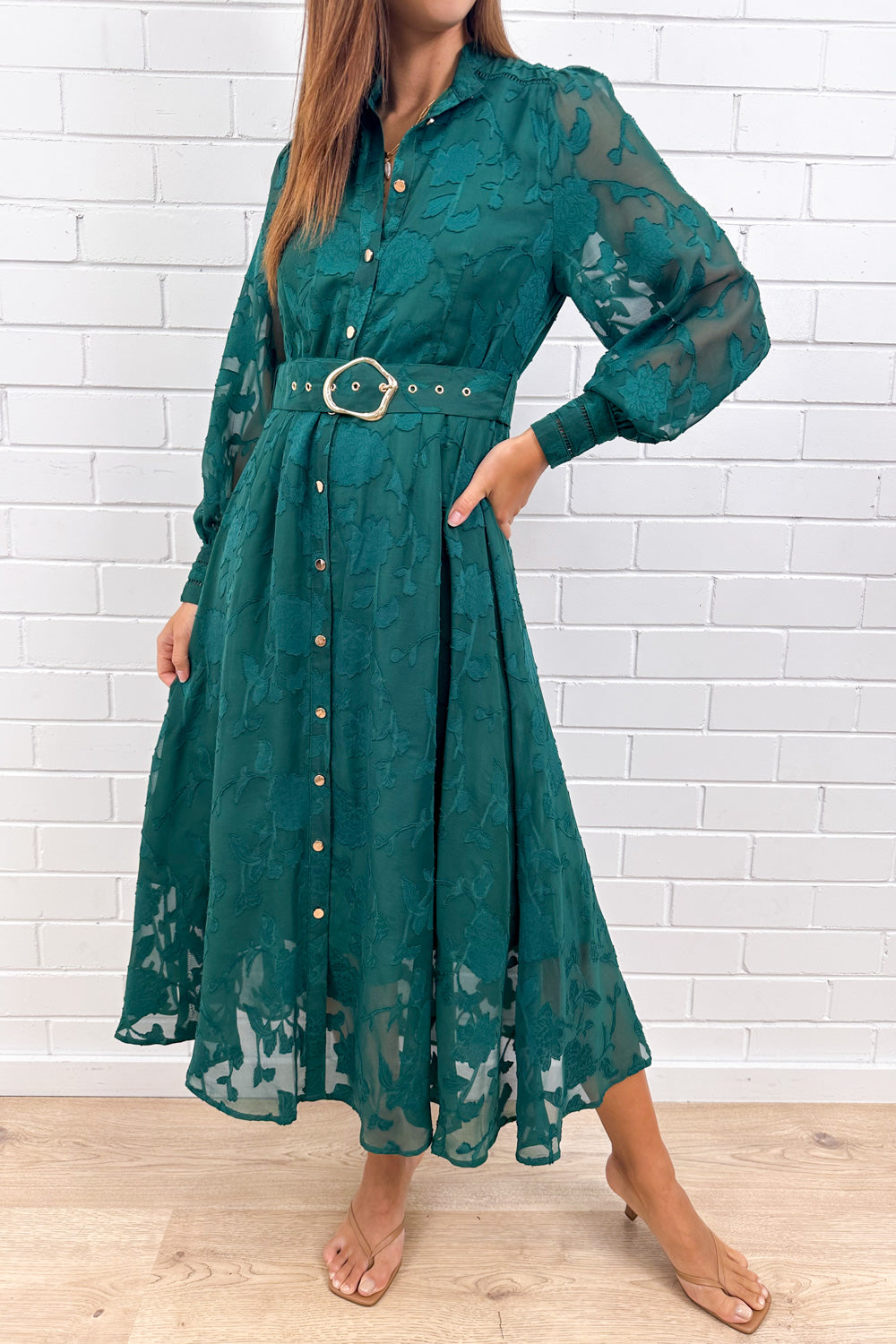 Emerald Textured Floaty Sleeve Dress Divine Beautiful Shape