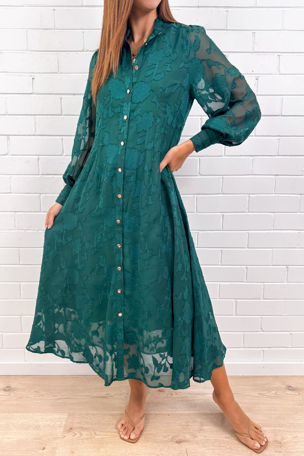 Emerald Textured Floaty Sleeve Dress Divine Beautiful Shape