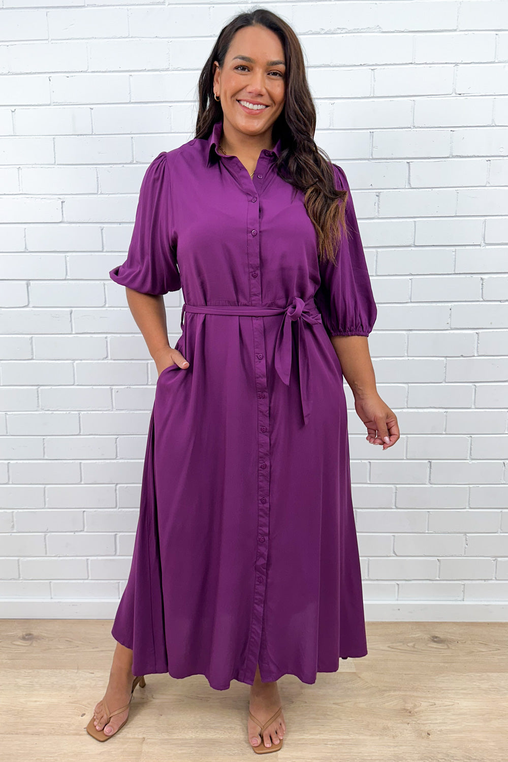 Plum Belted Shirt Dress with Pockets