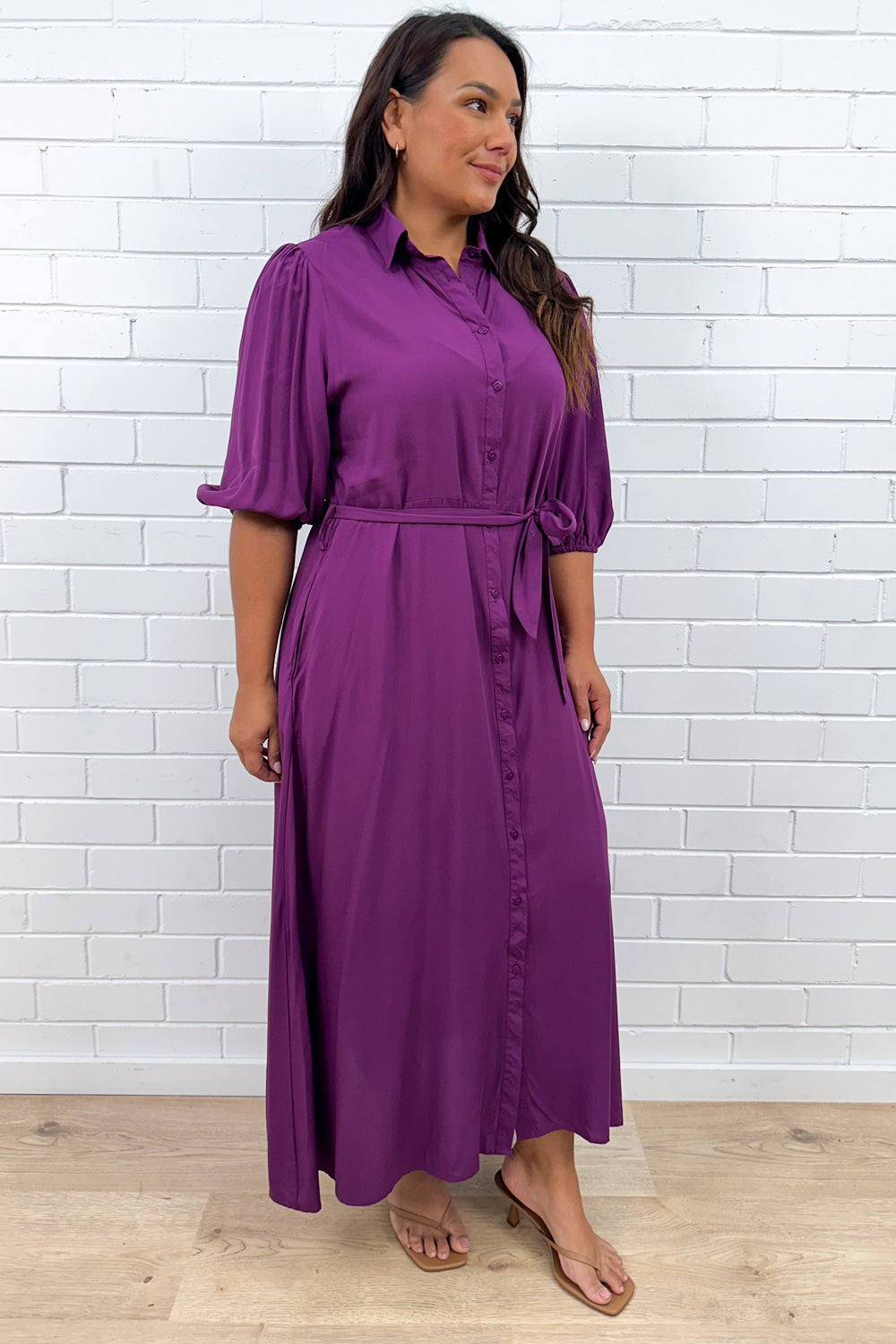 Plum Belted Shirt Dress with Pockets