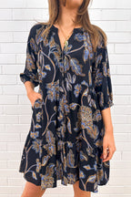 Ink Leaf Print Functional Button Pocket Dress