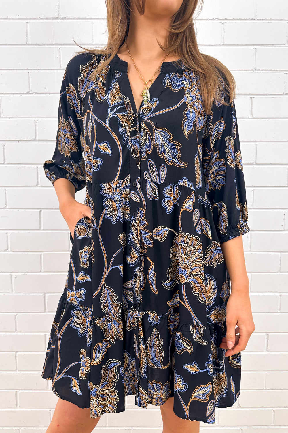 Ink Leaf Print Functional Button Pocket Dress