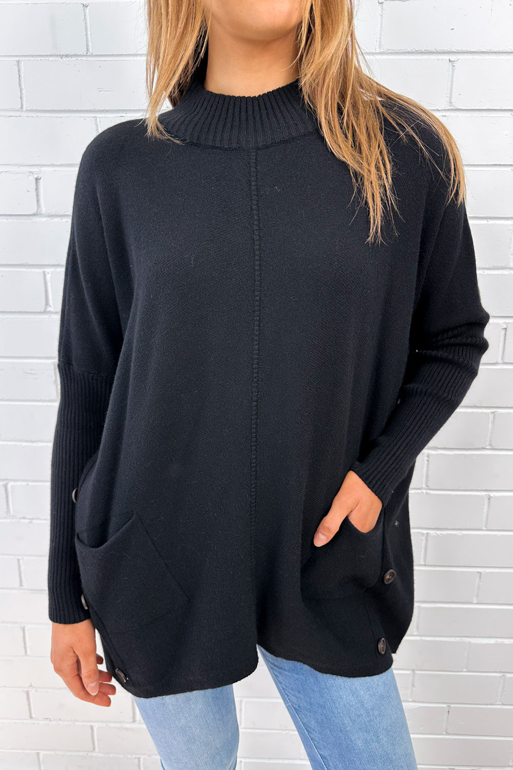 Cosy Oversized Batwing Knit Top Black Oatmeal