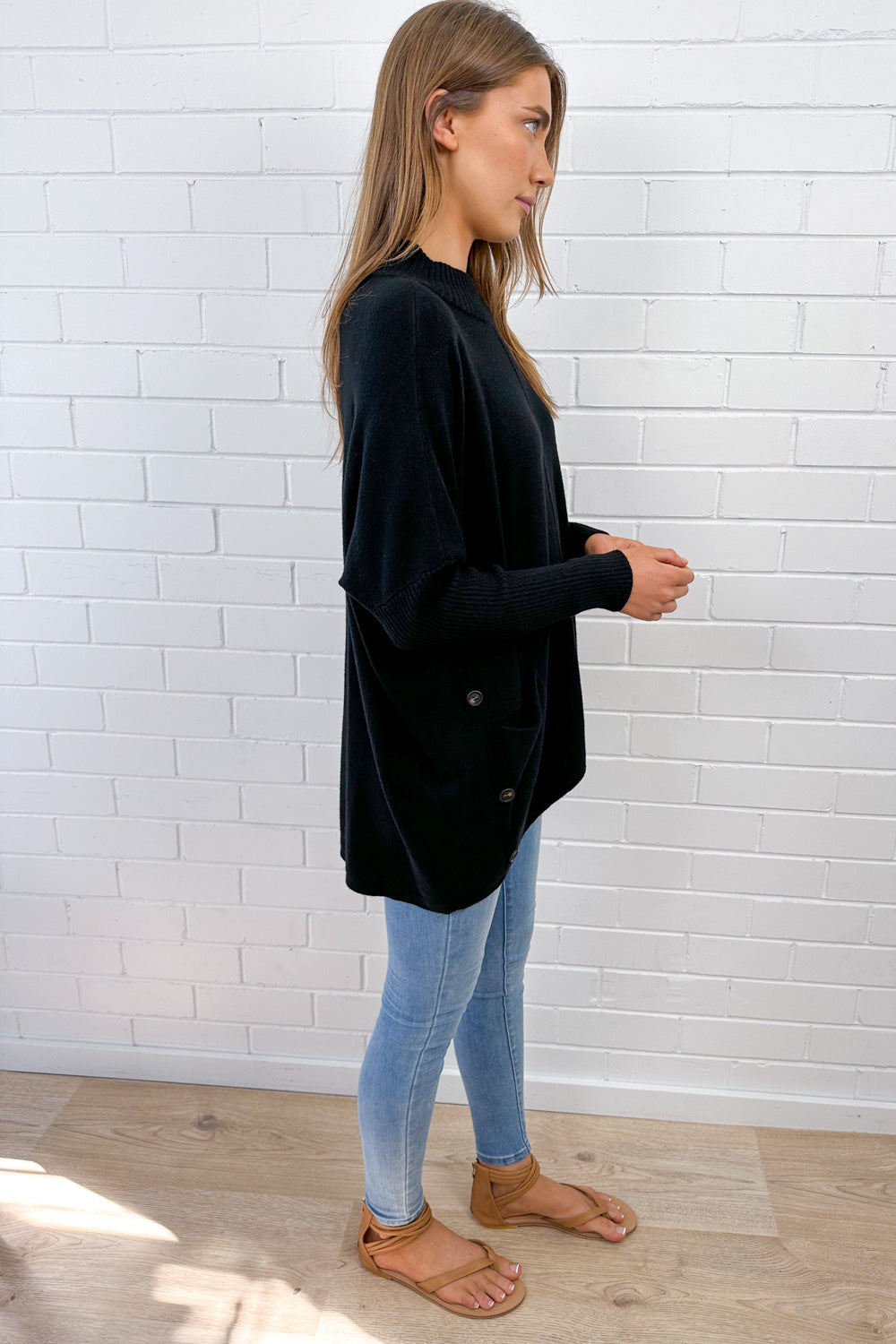 Cosy Oversized Batwing Knit Top Black Oatmeal