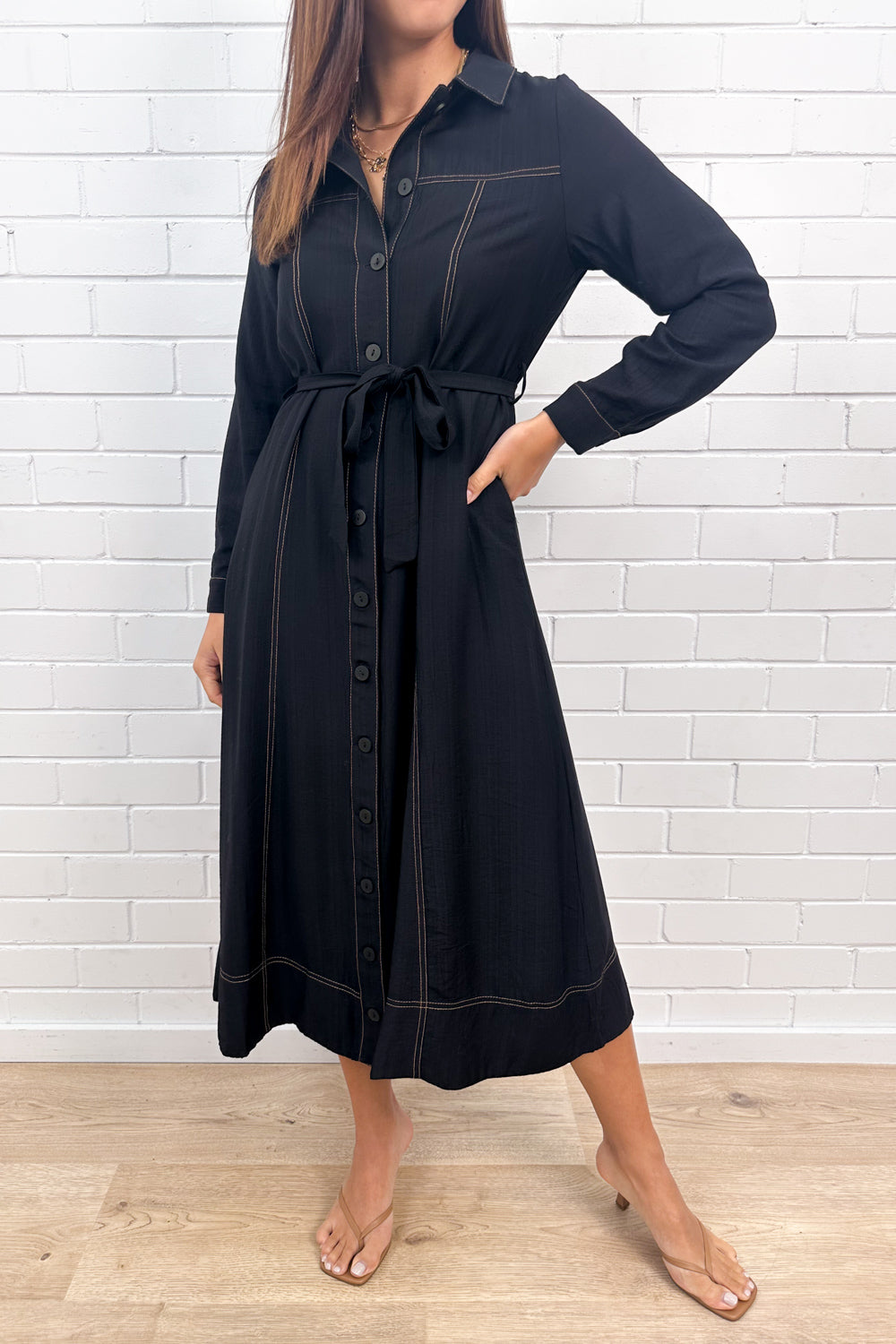 Black Contrast Stitch Maxi Dress Pockets Effortless