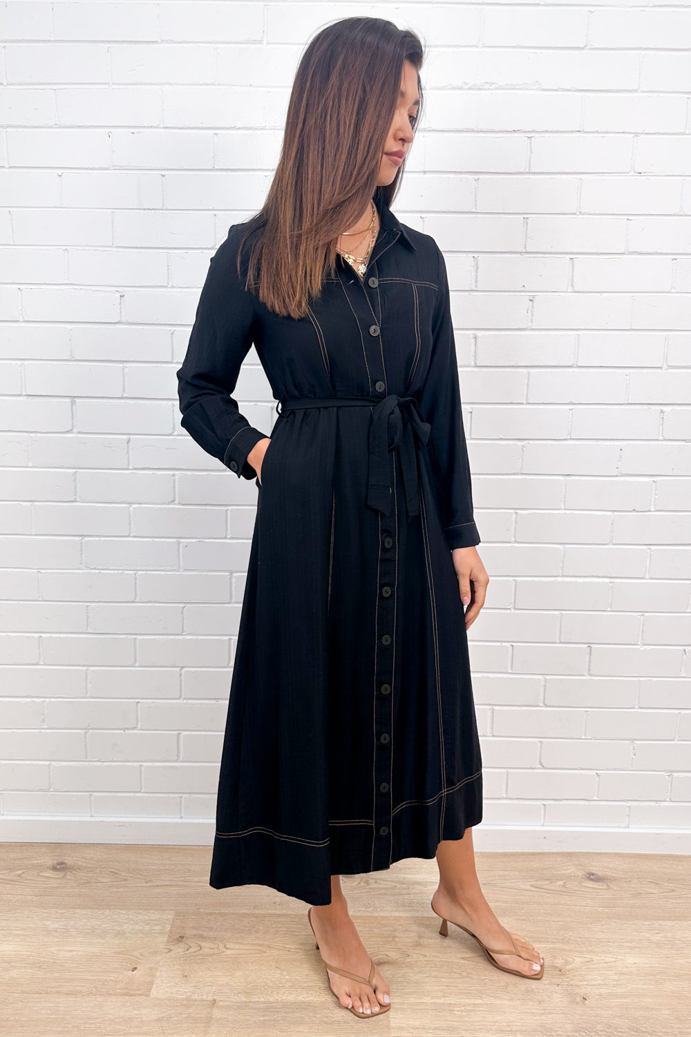 Black Contrast Stitch Maxi Dress Pockets Effortless