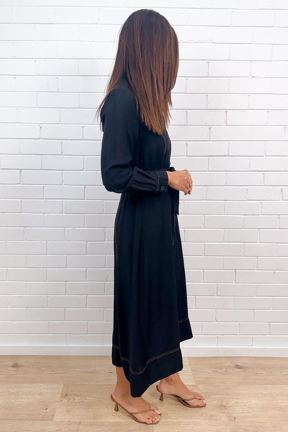 Black Contrast Stitch Maxi Dress Pockets Effortless