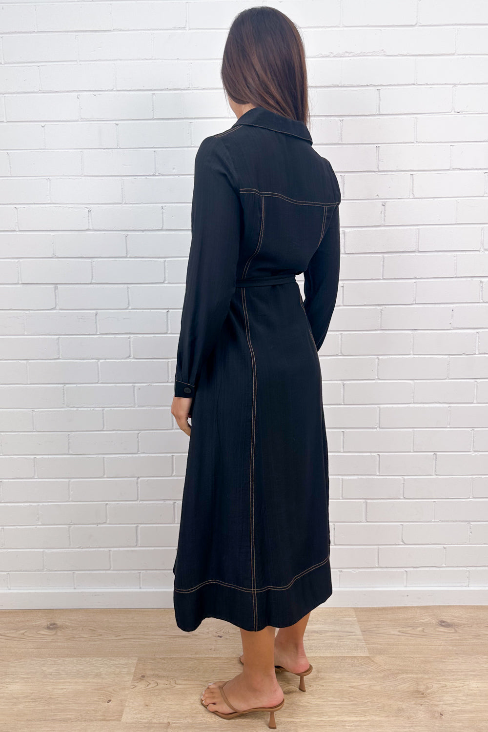 Black Contrast Stitch Maxi Dress Pockets Effortless