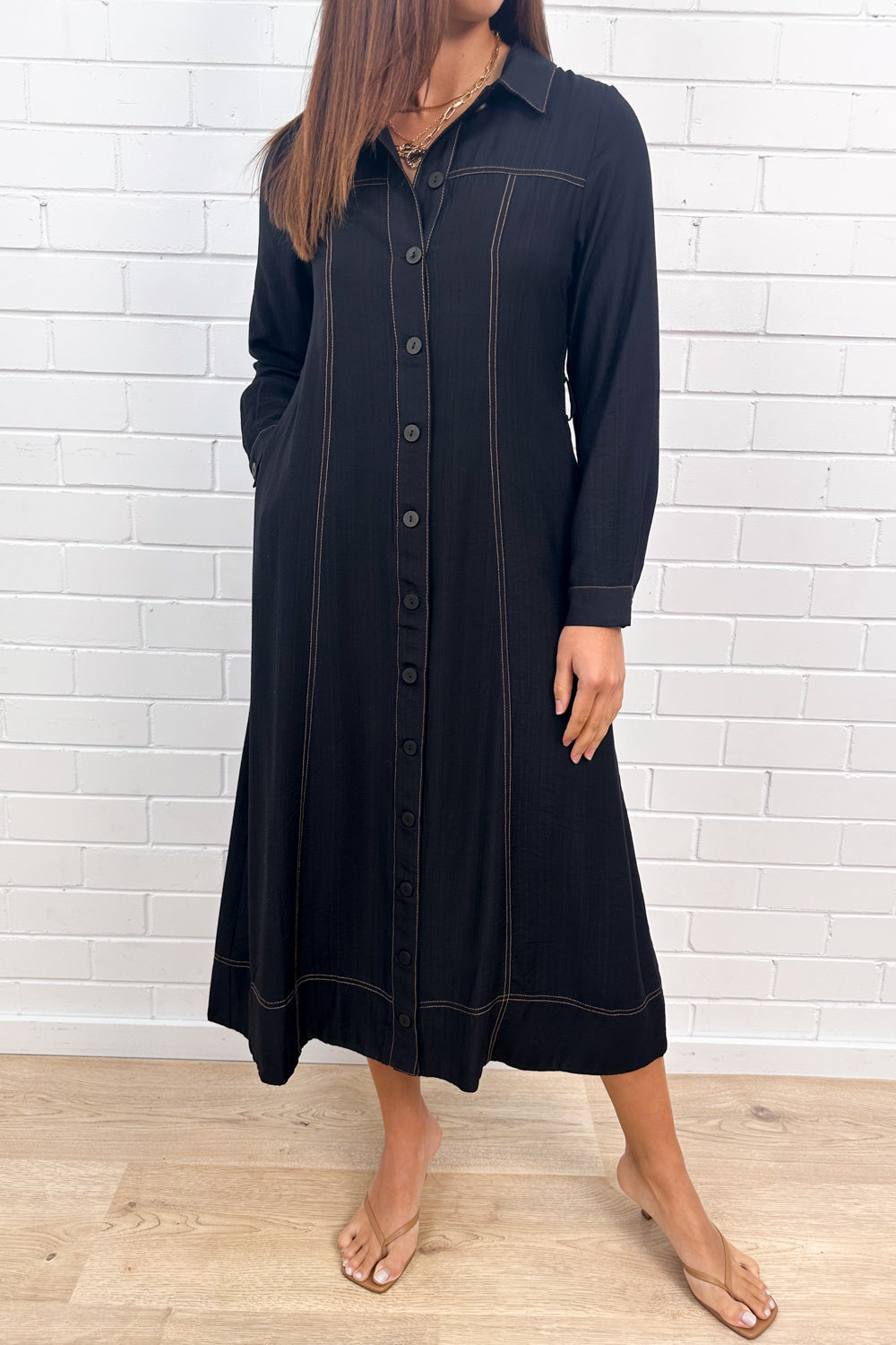 Black Contrast Stitch Maxi Dress Pockets Effortless