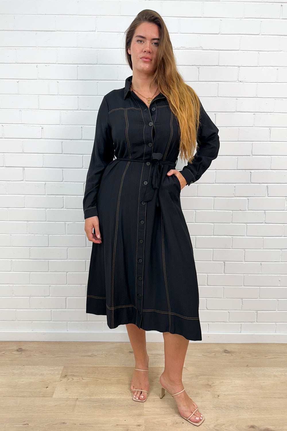 Black Contrast Stitch Maxi Dress Pockets Effortless