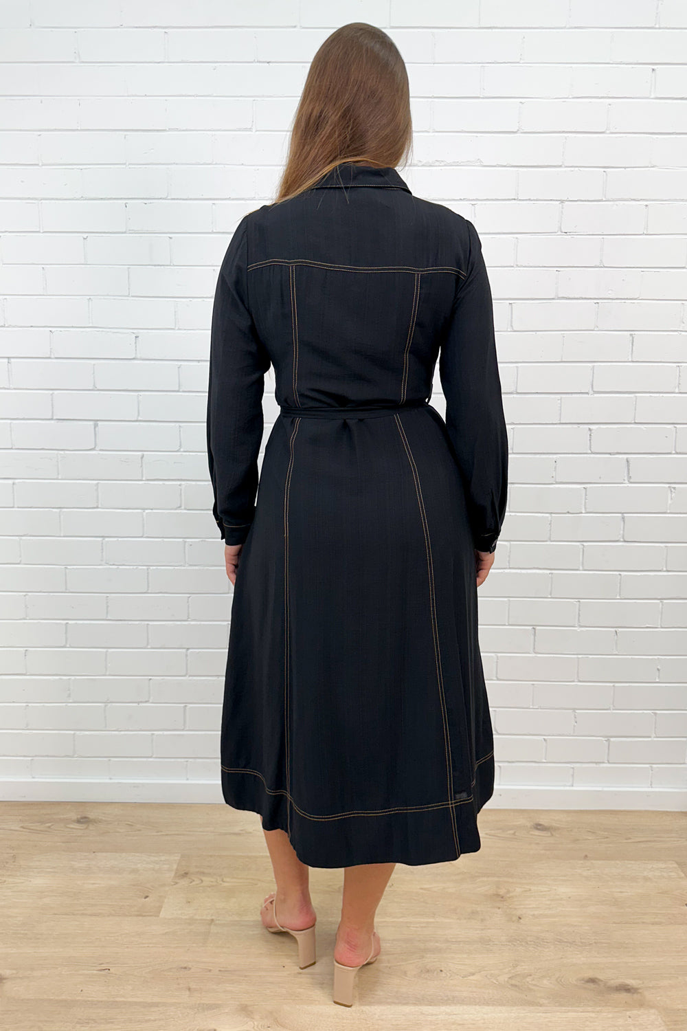 Black Contrast Stitch Maxi Dress Pockets Effortless