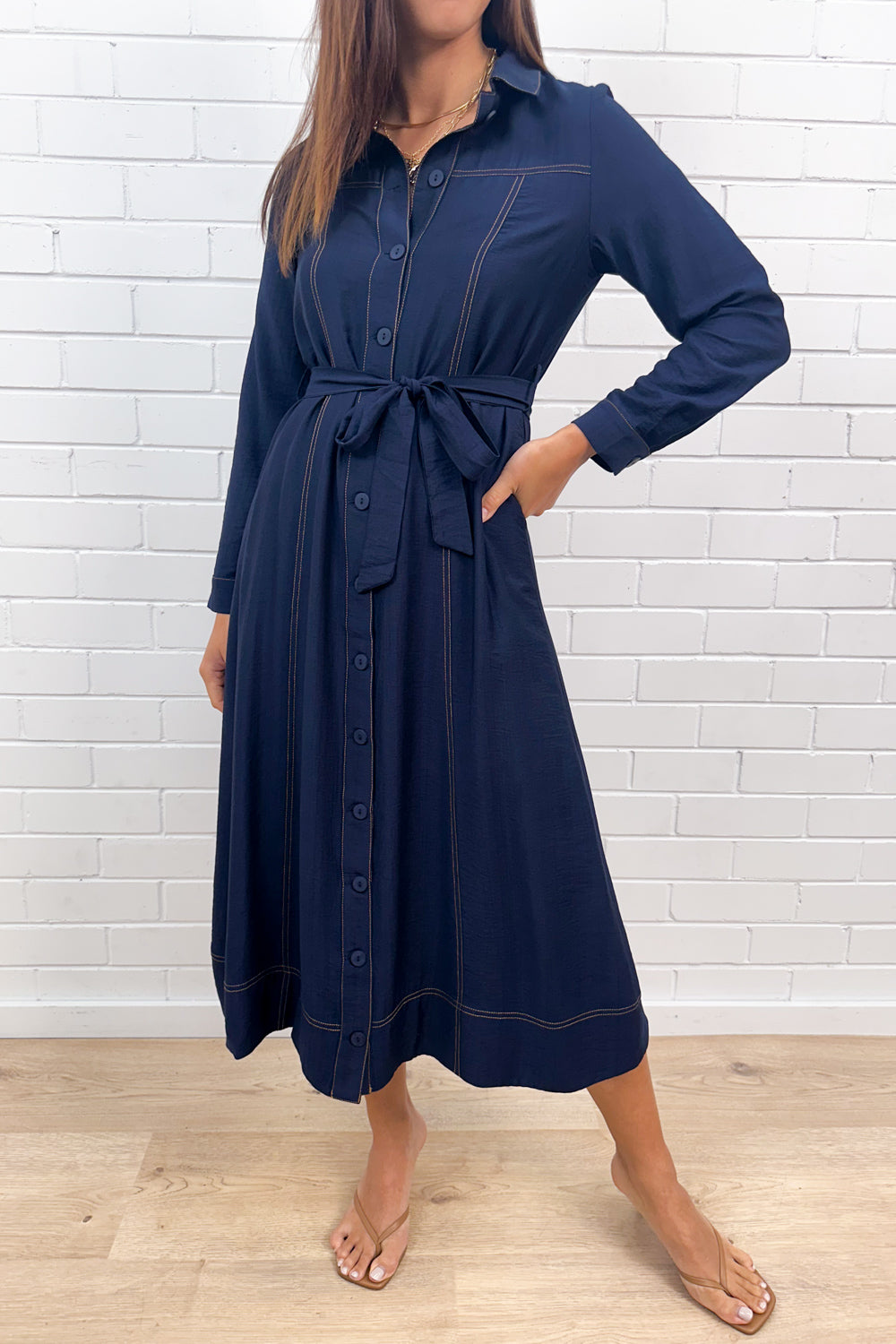 Navy Embroidered Belted Maxi Dress with Pockets