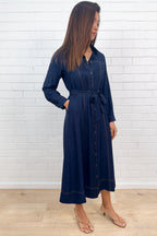 Navy Embroidered Belted Maxi Dress with Pockets