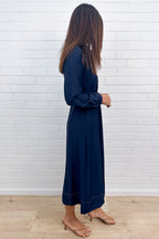 Navy Embroidered Belted Maxi Dress with Pockets