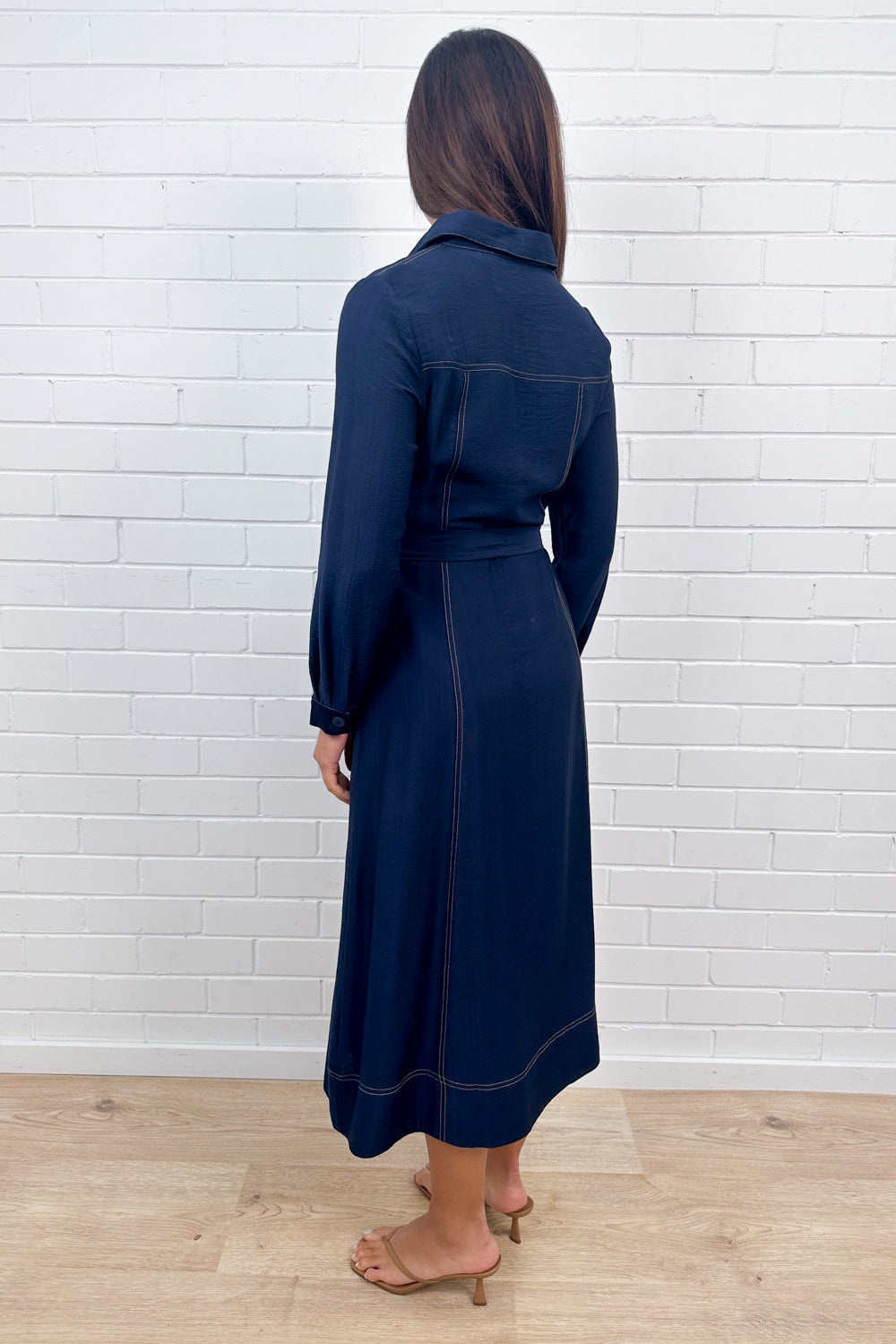 Navy Embroidered Belted Maxi Dress with Pockets