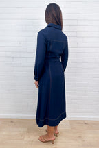 Navy Embroidered Belted Maxi Dress with Pockets