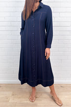 Navy Embroidered Belted Maxi Dress with Pockets