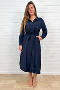 Navy Embroidered Belted Maxi Dress with Pockets
