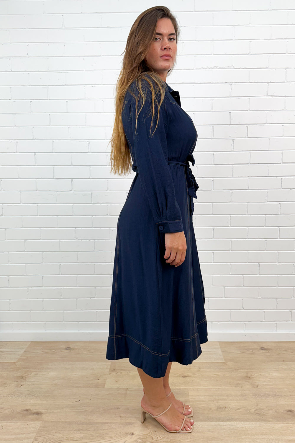 Navy Embroidered Belted Maxi Dress with Pockets
