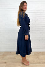 Navy Embroidered Belted Maxi Dress with Pockets