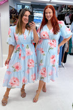 Blue Floral V-Neck Waist Tie Midi Dress Pockets