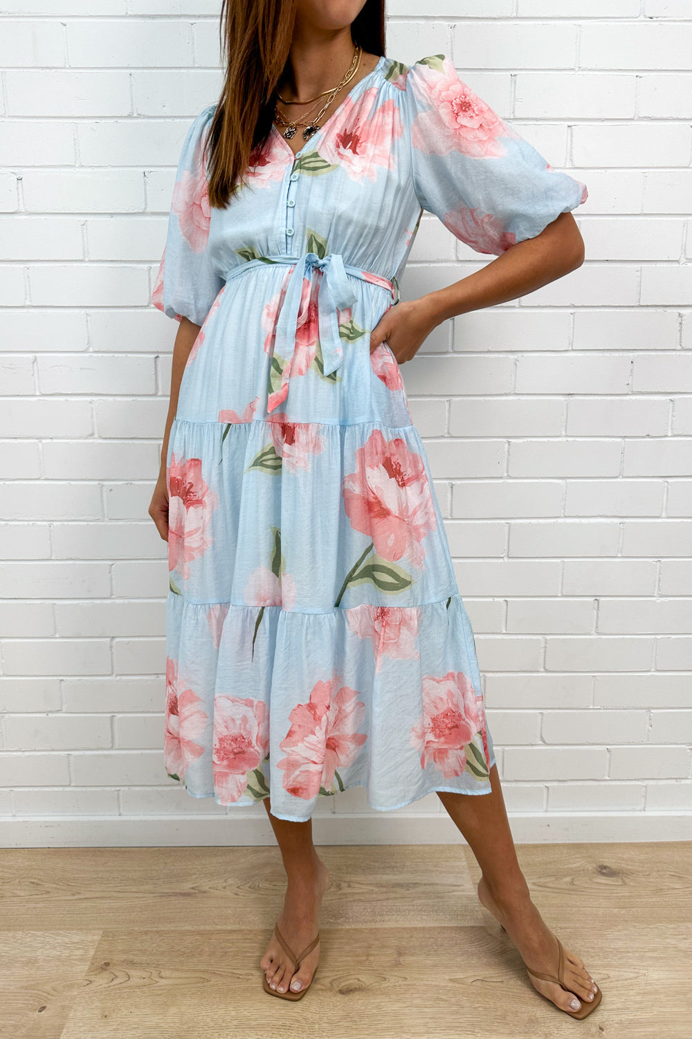 Blue Floral V-Neck Waist Tie Midi Dress Pockets