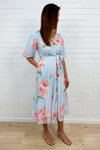 Blue Floral V-Neck Waist Tie Midi Dress Pockets