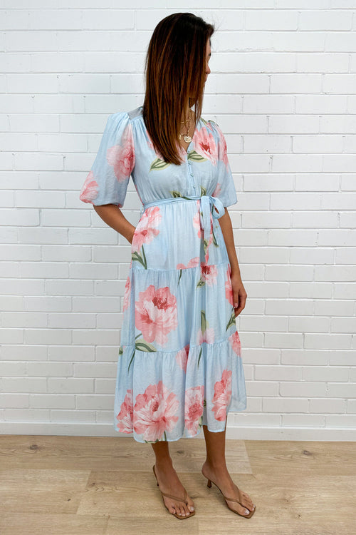 Blue Floral V-Neck Waist Tie Midi Dress Pockets