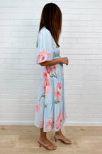 Blue Floral V-Neck Waist Tie Midi Dress Pockets