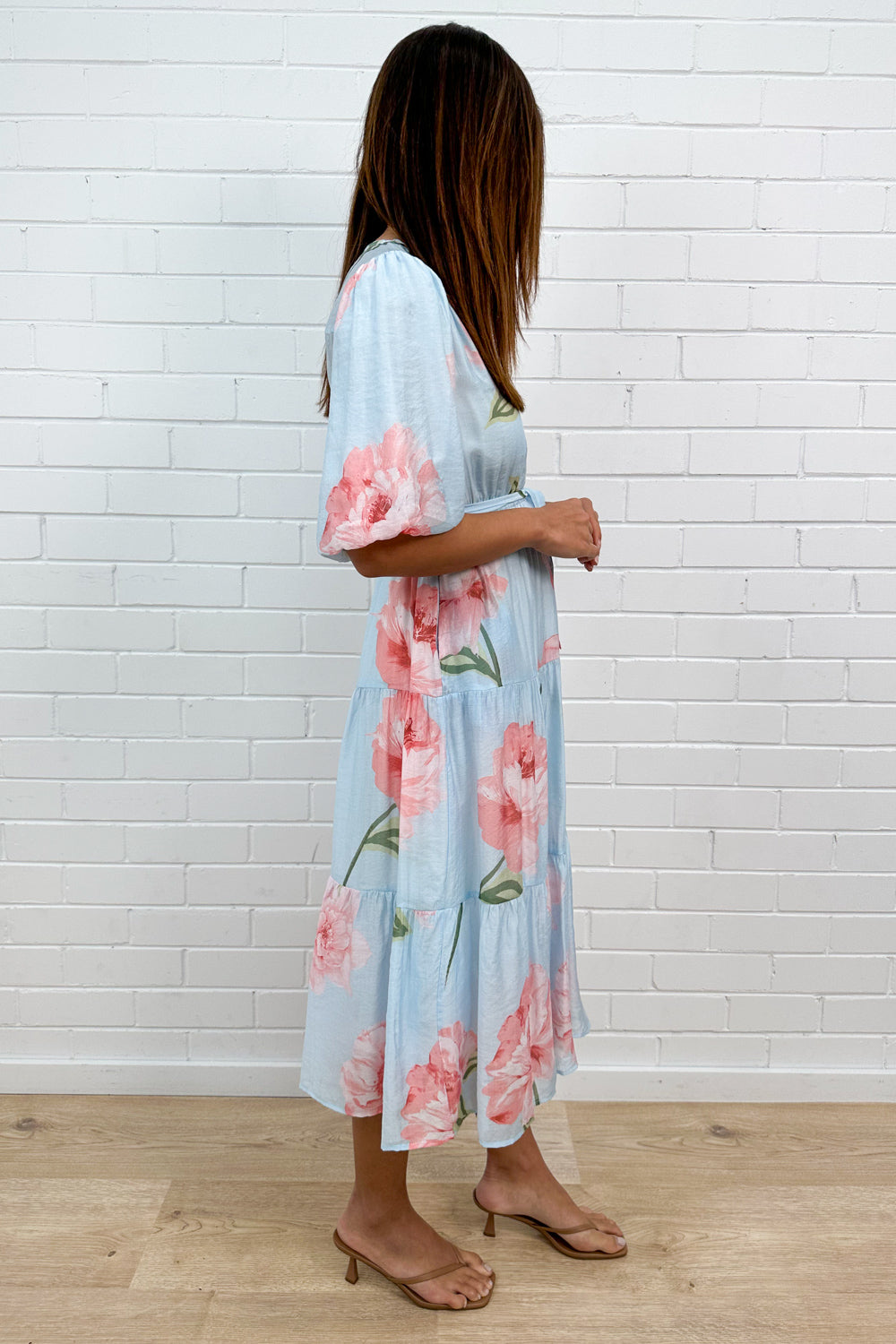 Blue Floral V-Neck Waist Tie Midi Dress Pockets