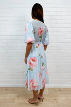 Blue Floral V-Neck Waist Tie Midi Dress Pockets