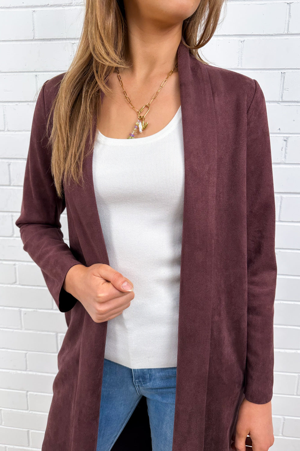Burgundy Suede Look Coat Soft Structured Warm Not Bulky