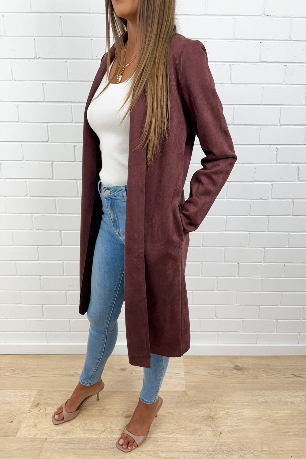 Burgundy Suede Look Coat Soft Structured Warm Not Bulky
