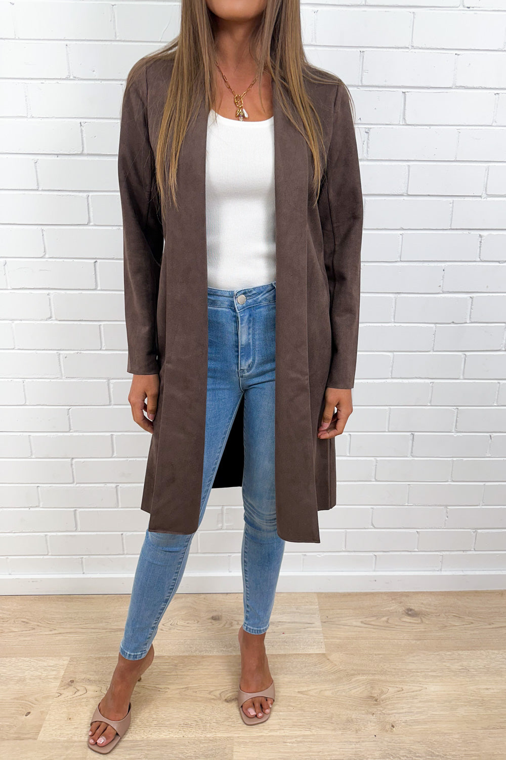 Chocolate Suede Look Coat Rich Tone Slightly Structured