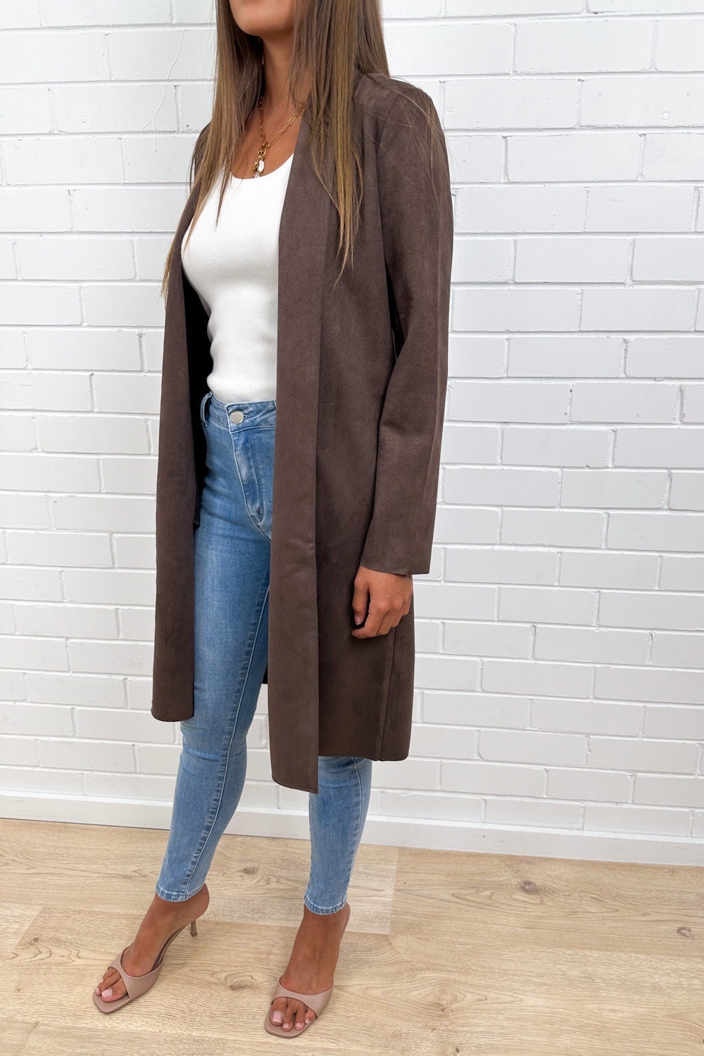Chocolate Suede Look Coat Rich Tone Slightly Structured