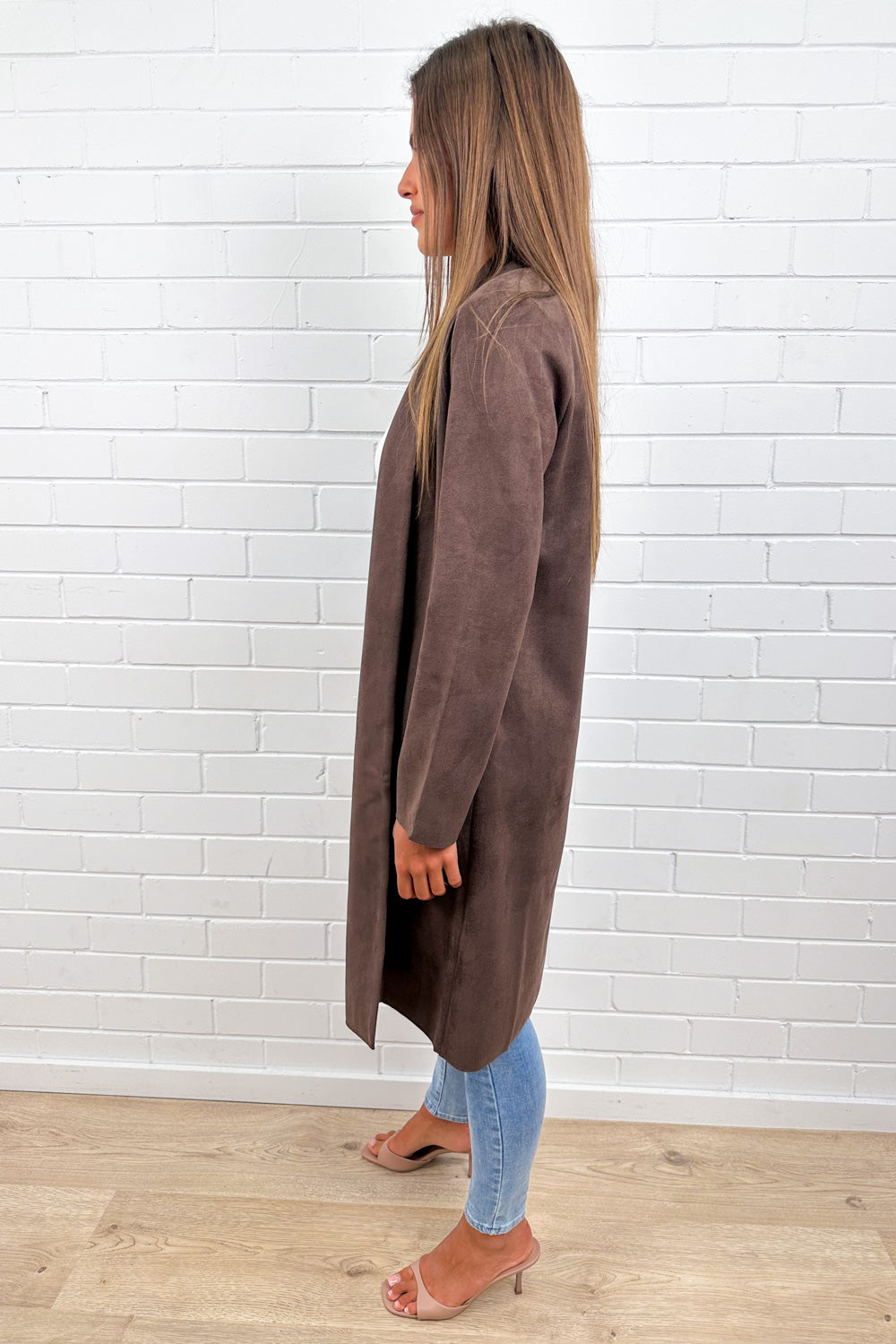 Chocolate Suede Look Coat Rich Tone Slightly Structured
