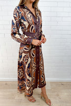 Mocha Tile Print Button Dress Long Sleeves Lovely