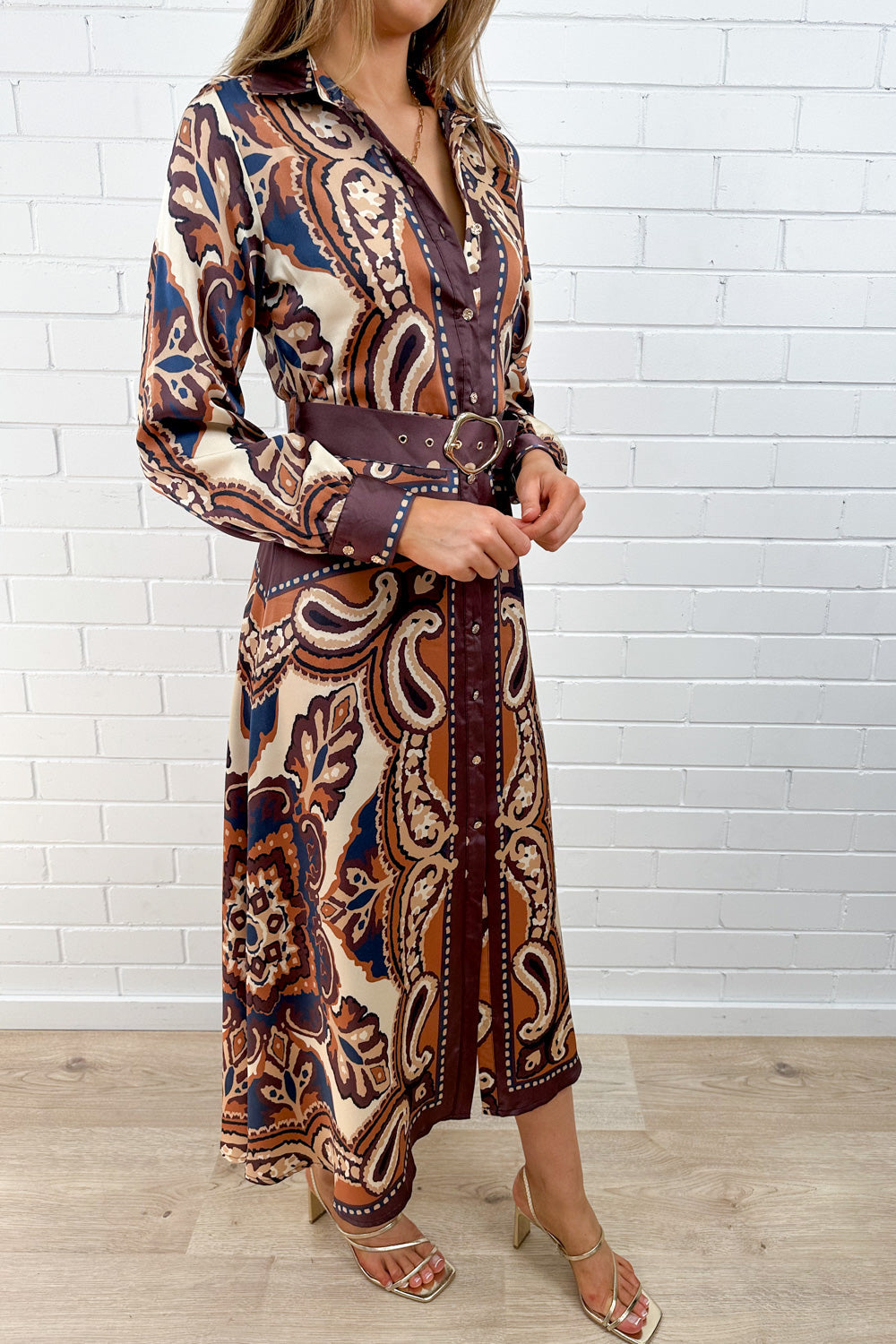Mocha Tile Print Button Dress Long Sleeves Lovely