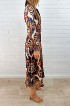 Mocha Tile Print Button Dress Long Sleeves Lovely