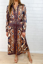 Mocha Tile Print Button Dress Long Sleeves Lovely