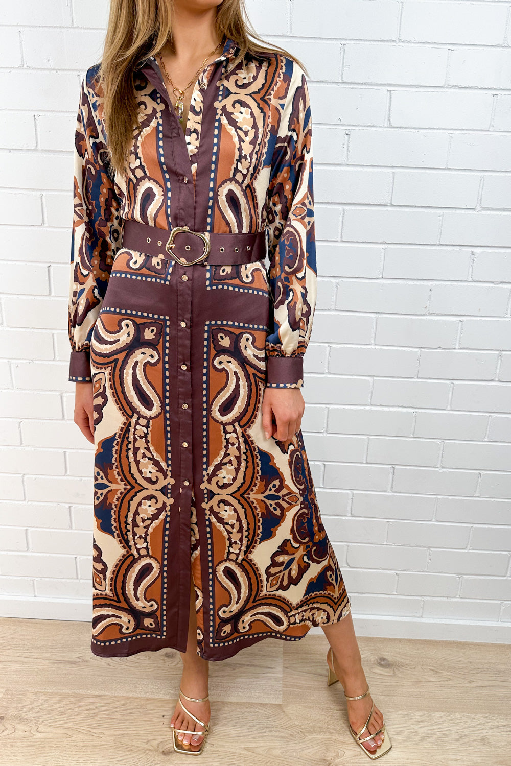 Mocha Tile Print Button Dress Long Sleeves Lovely