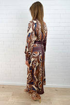 Mocha Tile Print Button Dress Long Sleeves Lovely