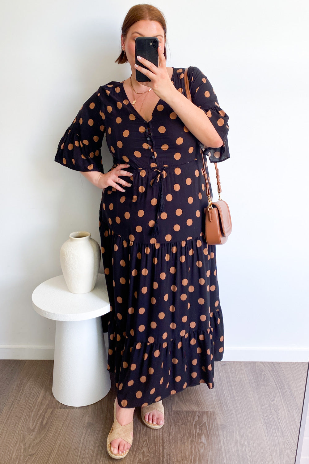Black Spot Wide Sleeve Drawstring Waist Dress