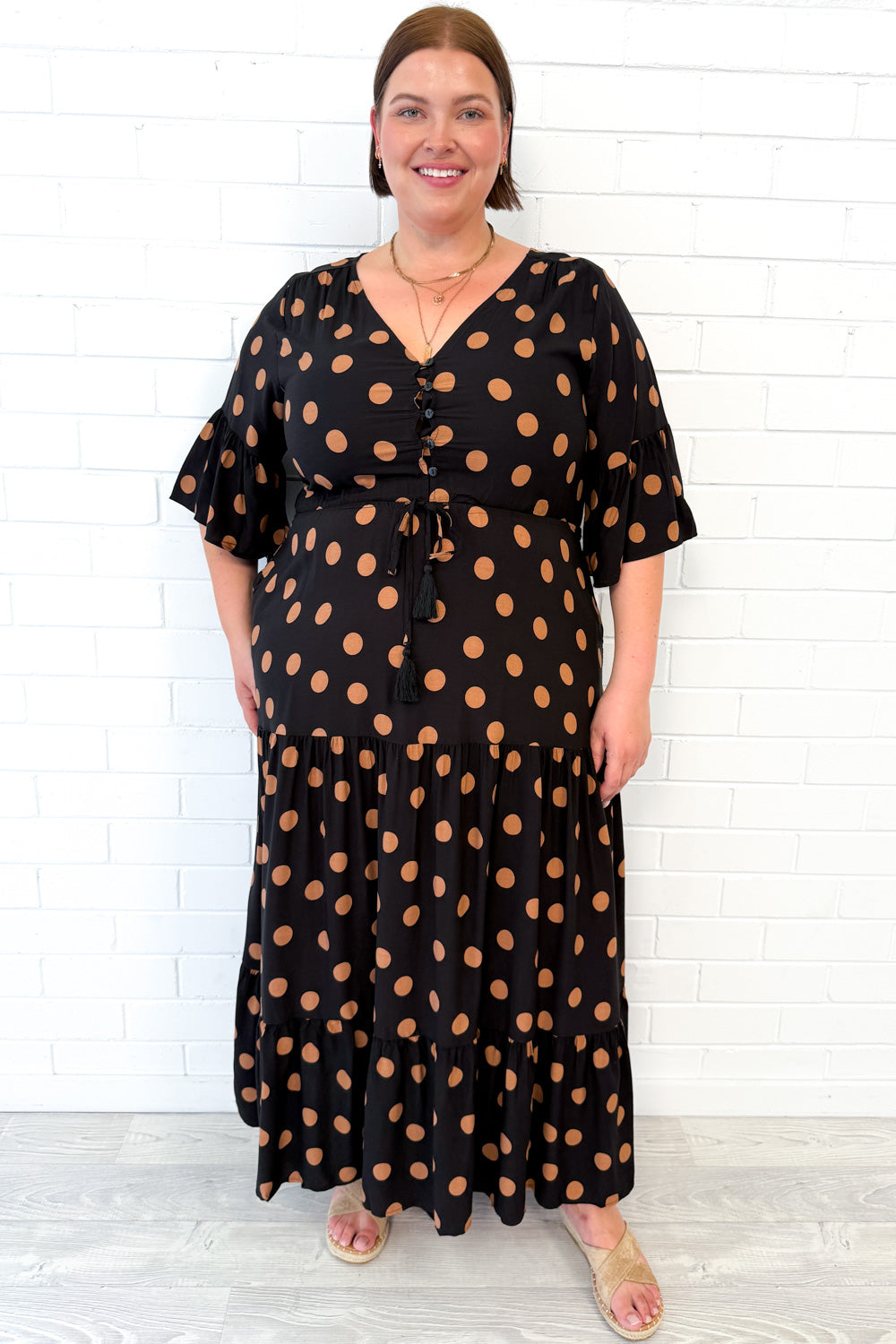 Black Spot Wide Sleeve Drawstring Waist Dress