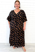 Black Spot Wide Sleeve Drawstring Waist Dress